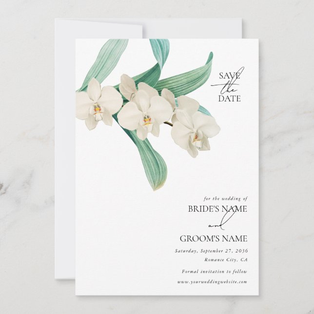 Save The Date Mariage Floral aux Orchidées Blanches Aquarelle (Devant)