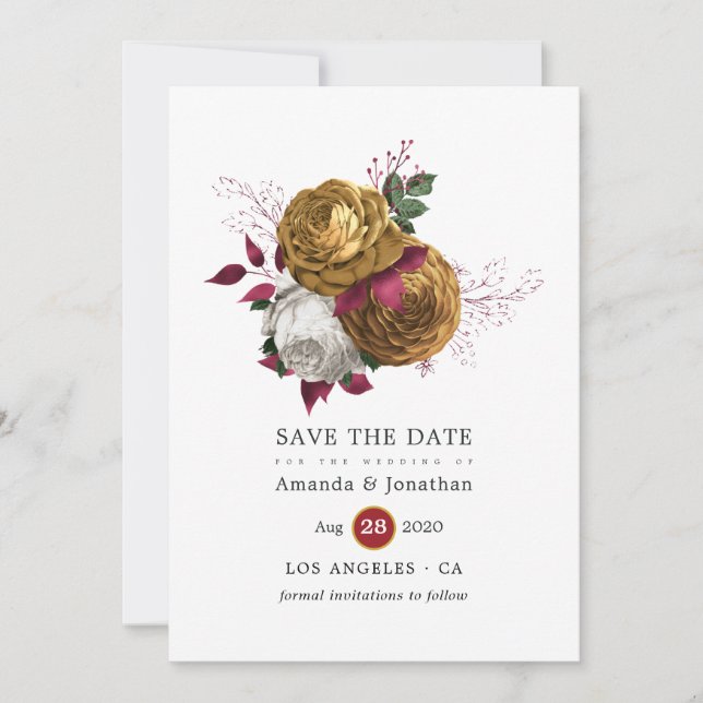 Save The Date Mariage floral blanc, Bourgogne et or (Devant)