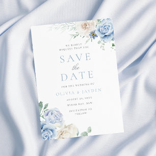 Save The Date Mariage floral blanc et bleu botanique