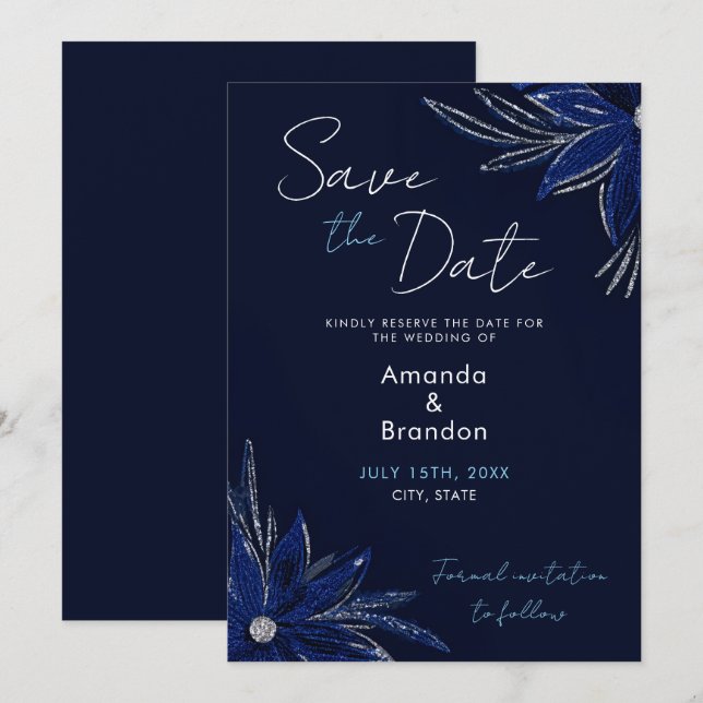 Save The Date Mariage floral bleu argenté et marine (Devant / Derrière)