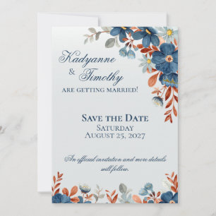 Save The Date Mariage floral bleu barbeau et cuivre