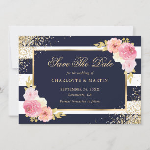 Save The Date Mariage floral bleu bleu marine Confetti Blush Pin