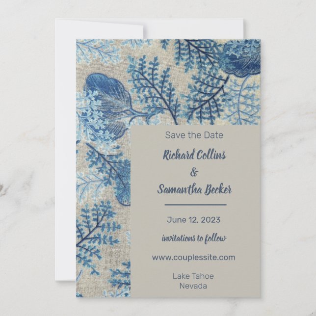 Save The Date Mariage Floral Bleu Étiqueté Enregistrer La Date (Devant)
