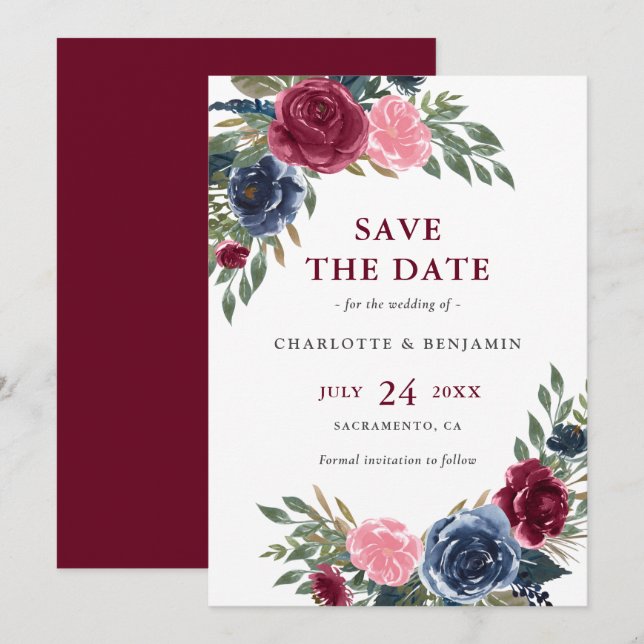 Save The Date Mariage floral bleu marine et bordeaux personnalis (Devant / Derrière)