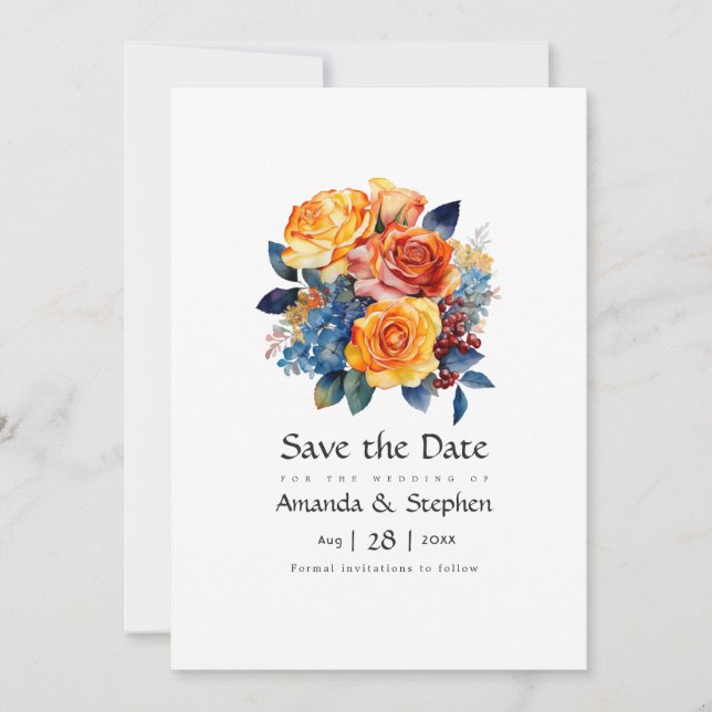 Save The Date Mariage floral bleu, orange, jaune et rouge (Devant)