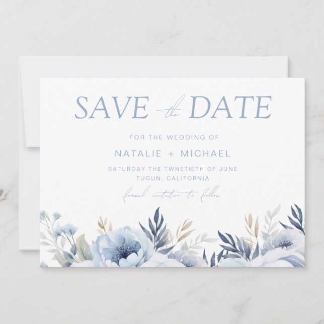 Save The Date Mariage Floral Bleu Poussiéreux Divin (Devant)