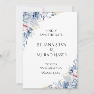 Save The Date Mariage Floral Bleu Poussiéreux Élégant 