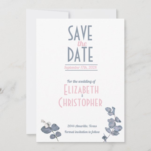 Save The Date Mariage Floral bleu rose pâle minimaliste (Devant)