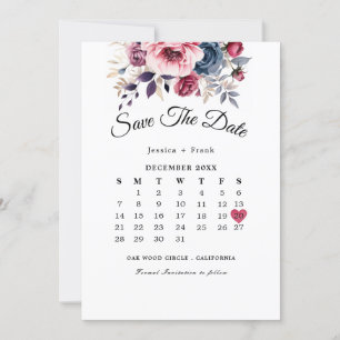 Save The Date Mariage floral bleu rustique bordeaux & violet