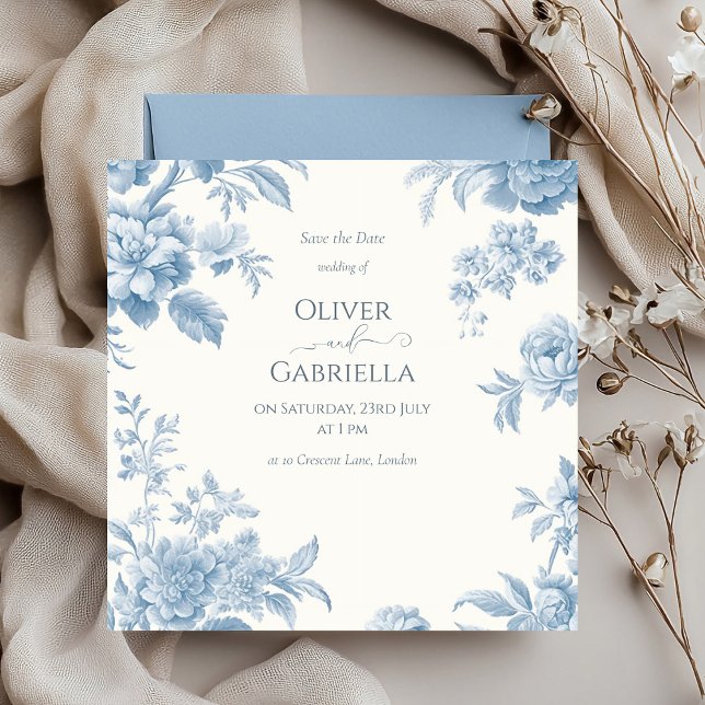 Save The Date Mariage Floral Bleu Toile de Jouy Élégant Français (Créateur téléchargé)