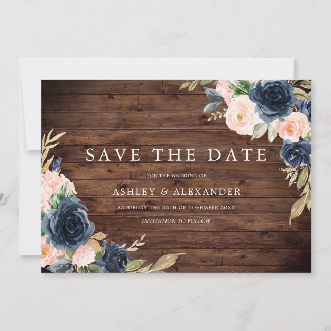 Save The Date Mariage Floral Blush Rustic Navy (Devant)