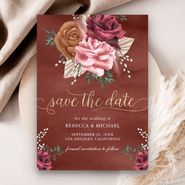 Save The Date Mariage Floral Bohème Rustique aux Roses Cannelle (Créateur téléchargé)