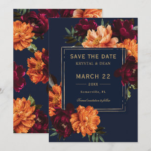Save The Date Mariage Floral Bordeaux Orange Marine Sombre