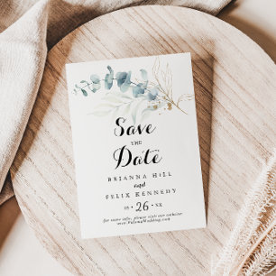 Save The Date Mariage Floral Calligraphique Eucalyptus Doré Rust
