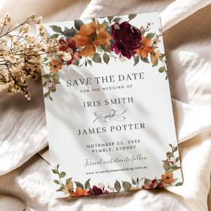 Save The Date Mariage Floral Chic Rustique Bourgogne Orange Brûl