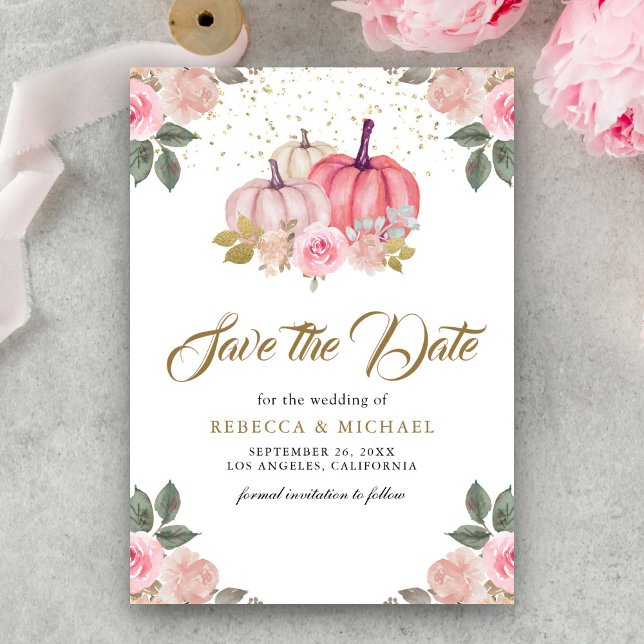 Save The Date Mariage Floral Citrouille rose or (Créateur téléchargé)