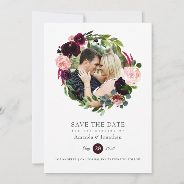 Save The Date Mariage floral de Bourgogne et rose pâle (Devant)