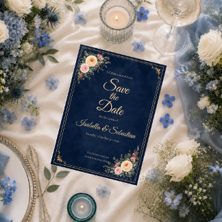 Save The Date Mariage floral de coin élégant en bleu marine