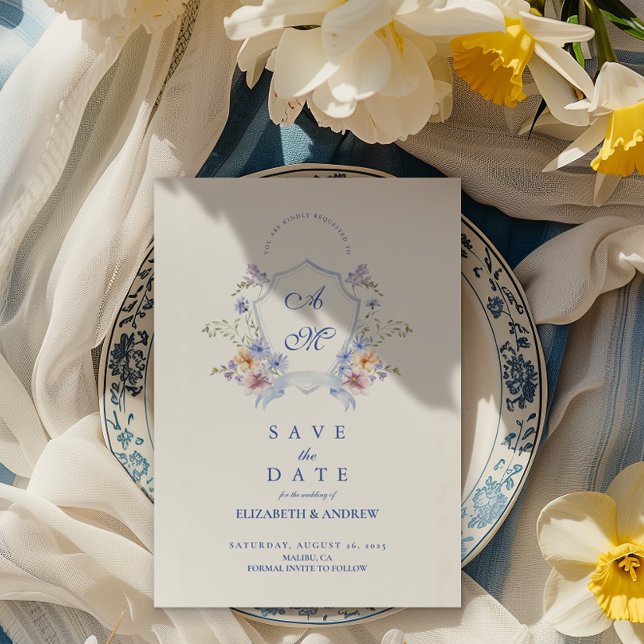 Save The Date Mariage floral de crête bleue Dusty (Créateur téléchargé)