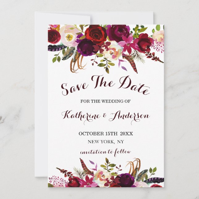 Save The Date Mariage floral de Marsala Bourgogne Enregistrer la (Devant)