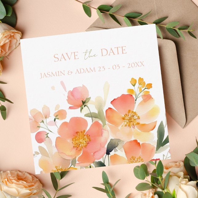 Save The Date Mariage Floral de Pêche Orange Aquarelle moderne (Créateur téléchargé)