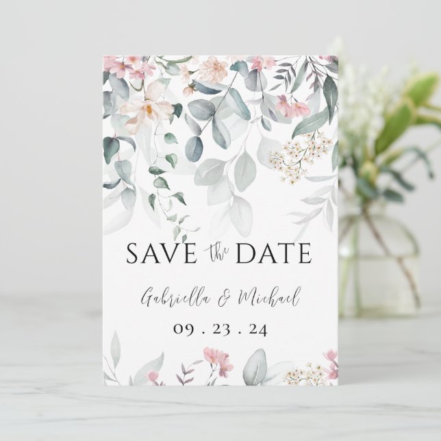 Save The Date Mariage Floral de Teinte Claire Aquarelle Rose (Debout devant)