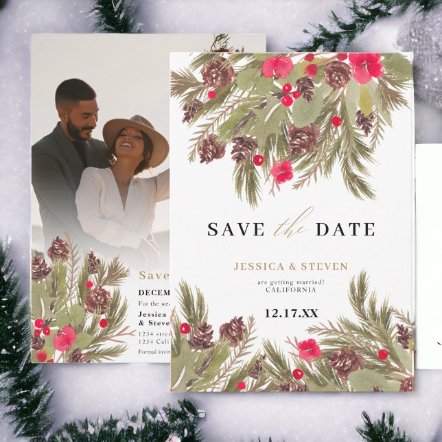 Save The Date Mariage floral d'élégance de pin d'hiver (Winter pine elegance floral wedding save the date)