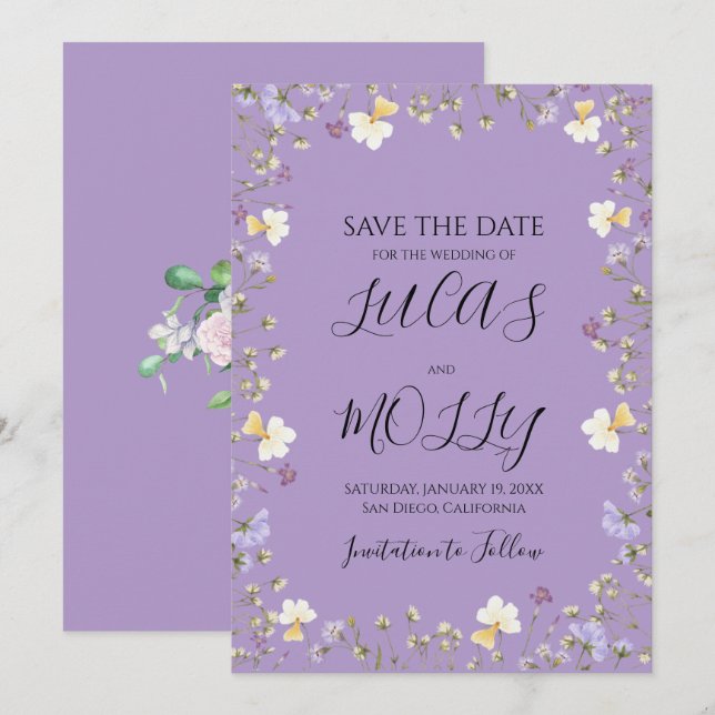 Save The Date Mariage Floral d'Été Fleur Sauvage Violette (Devant / Derrière)