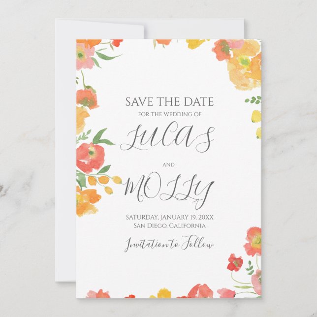 Save The Date Mariage floral d'été rose et orange (Devant)