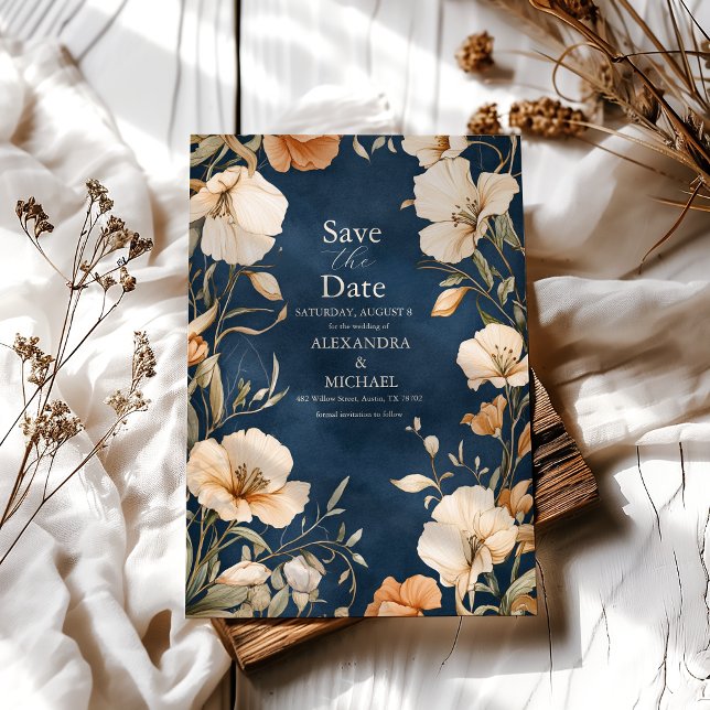 Save The Date Mariage floral d'ivoire Elégant bleu marine (Créateur téléchargé)