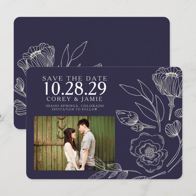Save The Date Mariage floral élégant bleu marine (Devant / Derrière)