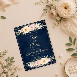 Save The Date Mariage Floral Élégant en Nuit Bleue