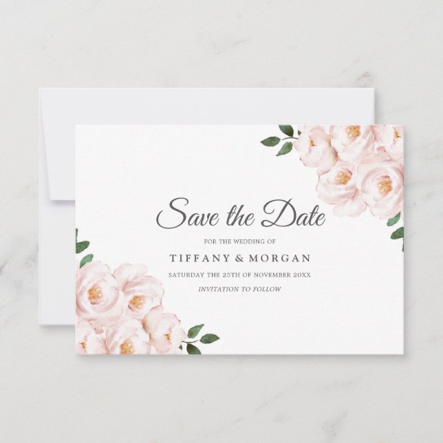 Save The Date Mariage Floral Élégant Moderne Rose (Devant)
