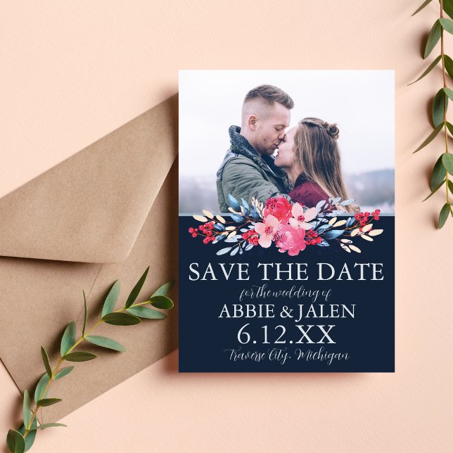 Save The Date Mariage Floral Élégant Rose et Bleu Poussière (Créateur téléchargé)