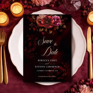 Save The Date Mariage floral élégant rouge noir d'ambiance sombr