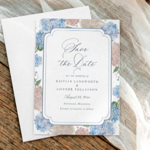 Save The Date Mariage Floral Élégant Vintage Hortensia Bleu