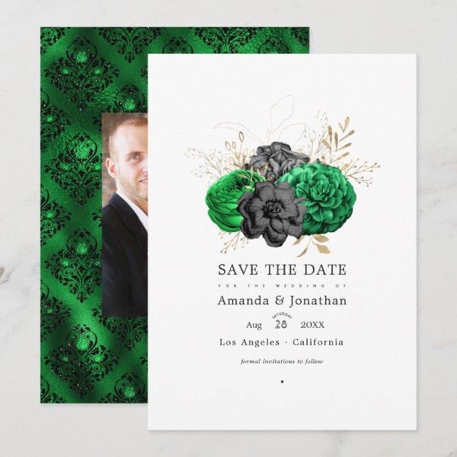 Save The Date Mariage floral émeraude et or (Devant / Derrière)