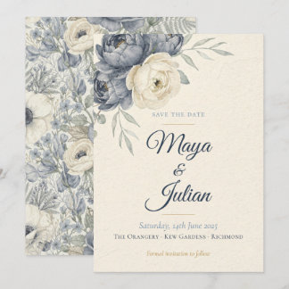 Save The Date Mariage Floral Français Élégant aux Pivoines Bleu 