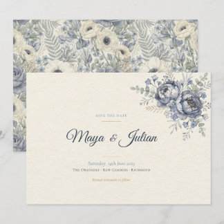 Save The Date Mariage Floral Français Élégant aux Pivoines Bleu 