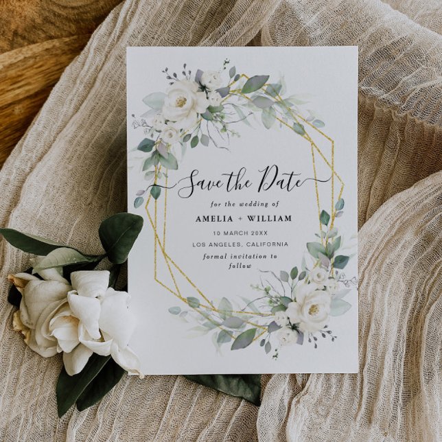 Save The Date Mariage floral géométrique blanc et or (Créateur téléchargé)