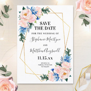 Save The Date Mariage floral géométrique bleu foncé rose