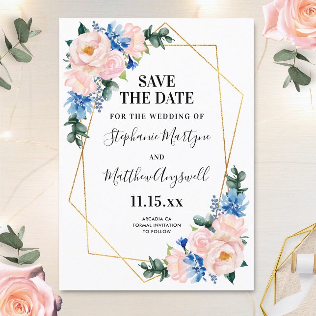 Save The Date Mariage floral géométrique bleu foncé rose (Créateur téléchargé)