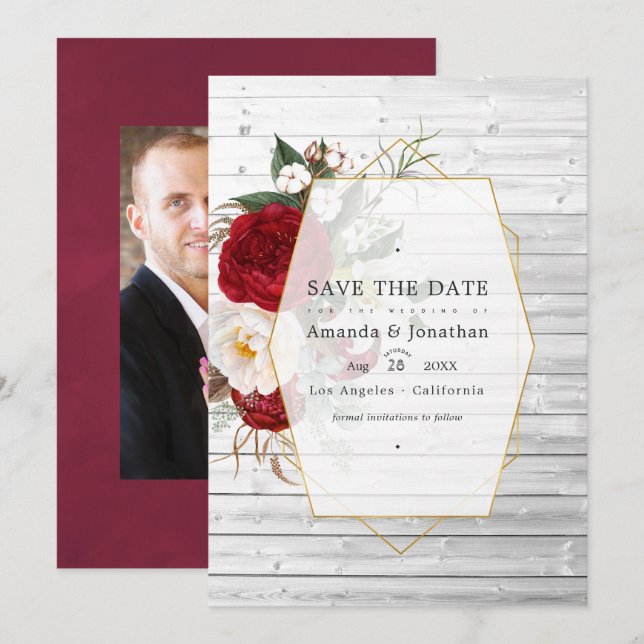 Save The Date Mariage Floral Géométrique Rustique Bourgogne et B (Devant / Derrière)