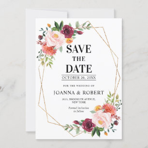 Save The Date Mariage floral géométrique teinté d'automne Bourgo