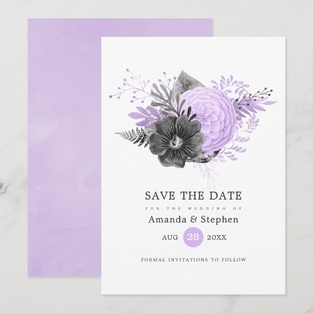 Save The Date Mariage floral Lilac et Charcoal (Devant / Derrière)
