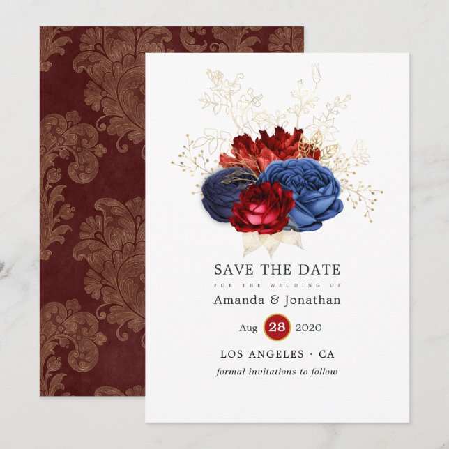 Save The Date Mariage floral marine, rouge et or (Devant / Derrière)