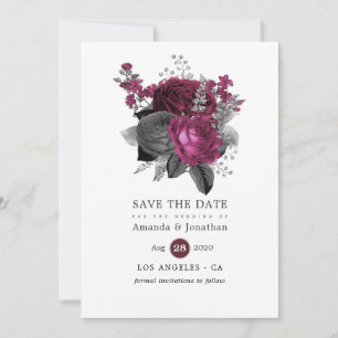 Save The Date Mariage floral Marsala, noir et argent