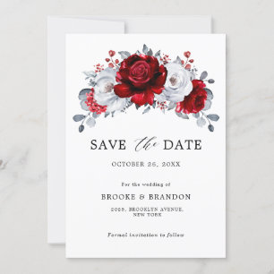 Save The Date Mariage floral métallisé argenté blanc rouge royal