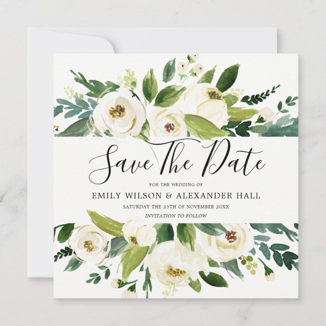 Save The Date Mariage Floral Moderne Blanc Crème Champagne (Devant)