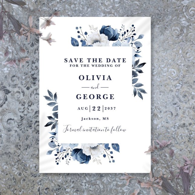 Save The Date Mariage floral moderne bleu marine (Navy Blue Modern Watercolor Floral Wedding Save The Date)